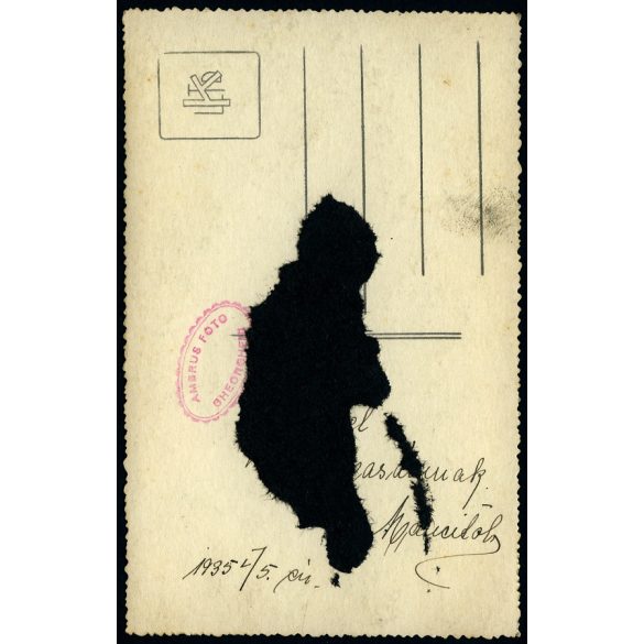 Ambrus Foto, Gyergyószentmiklós, Erdély, elegáns nő, „Manci” portréja, Horthy-korszak, 1935, 1930-as évek, Eredeti, hátulján pecséttel jelzett és feliratozott fotó, papírkép, hátulján ragasztás nyoma.