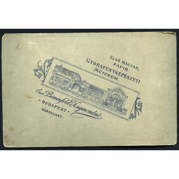 Özv. Bienenfeld Zsigmondné Első Magyar Papír Gyorsfényképészeti Műterme, Budapest, Városliget, kalap, ernyő, bajusz, elegáns társaság különös díszletek között, 1900-as évek, Eredeti  kabinetfotó, hátu