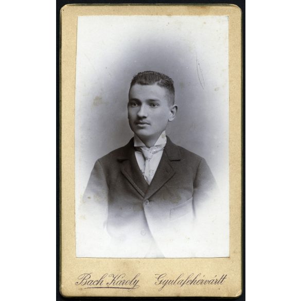Bach műterem, Gyulafehérvártt (Gyulafehérvár), Erdély, elegáns fiatal férfi nyakkendőben, monarchia, 1890-es évek, Eredeti CDV, vizitkártya fotó gyönyörű hátlappal.   