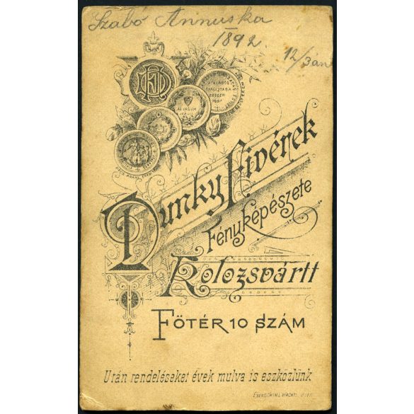 Dunky Fivérek műterme, Kolozsvár, Erdély, Szabó Annuska portréja, elegáns nők, anya-lánya (?), különös fejdísz, monarchia, 1892. december 03, 1890-es évek, Eredeti CDV, hátulján nevesített vizitkártya