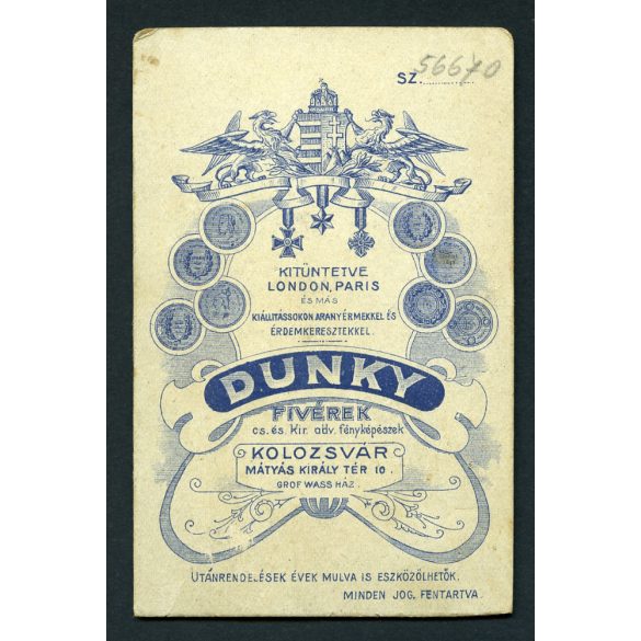 Dunky Fivérek műterme, Kolozsvár, Erdély,  fiatal férfi portréja, monarchia, 1890-es évek, Eredeti CDV, vizitkártya fotó, alja vágott.  