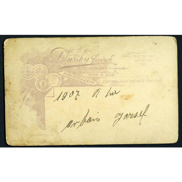 Dunky Fivérek műterme, Kolozsvár, Erdély, fiatal fiú, Urbán József portréja, monarchia, 1907, 1900-as évek, Eredeti CDV, vizitkártya fotó, hátulján nevesítve.   