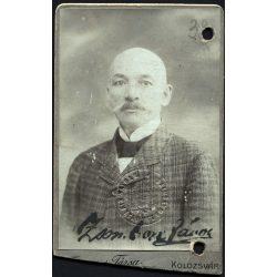   Ferencz és Társa műterem, Kolozsvár, Erdély, elegáns bajuszos férfi, Zsombori János portréja, monarchia, 1900-as évek, Eredeti CDV, aláírt szignózott vizitkártya fotó a Magyar Királyi Államvasutak bél