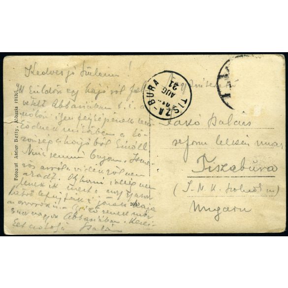 Atelier Betty, Abbázia, úri társaság, katonatiszt az Almádi hajón, monarchia, 1913, 1910-es évek, Eredeti, hátulján feliratozott fotó, papírkép, Tiszaburára, Jákó Balázs református lelkésznek címezve.