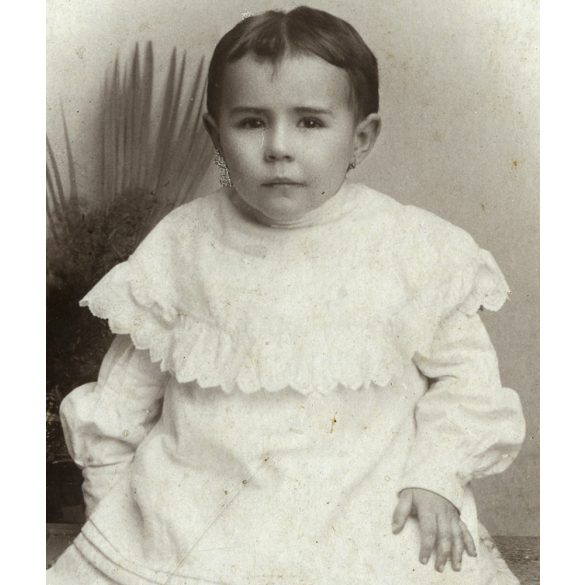Hausler műterem, Beszterce, Erdély,  elegáns kislány gyönyörű ruhában, gyerek portré, monarchia, 1890-es évek, Eredeti CDV, vizitkártya fotó, hátoldalán ragasztásnyomok. 