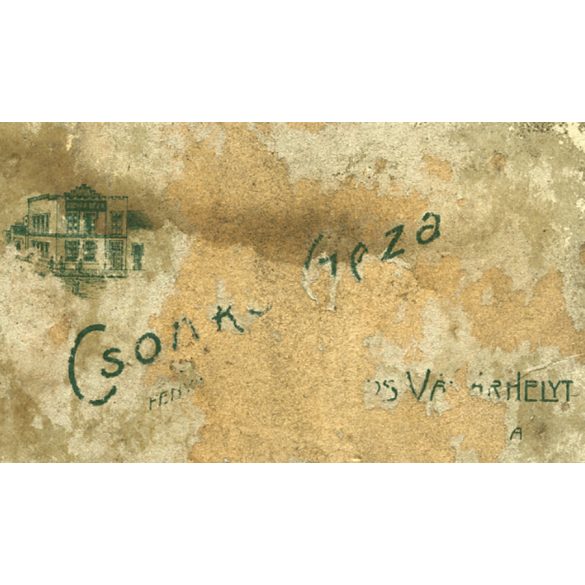 Csonka Géza műterme, Marosvásárhely, Erdély,  esküvő, elegáns vőlegény, menyasszony, bajusz, csizma, virág, monarchia, helytörténet, 1890-es évek, Eredeti kabinetfotó, eleje foltos, hátulja kopott, ra