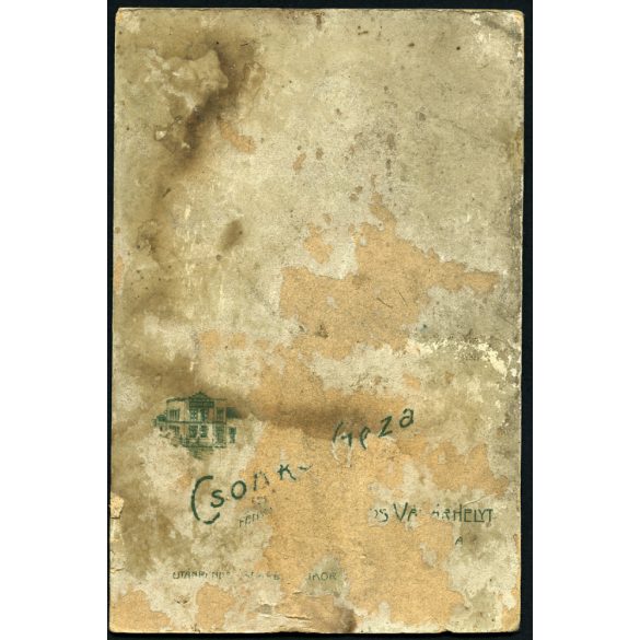 Csonka Géza műterme, Marosvásárhely, Erdély,  esküvő, elegáns vőlegény, menyasszony, bajusz, csizma, virág, monarchia, helytörténet, 1890-es évek, Eredeti kabinetfotó, eleje foltos, hátulja kopott, ra