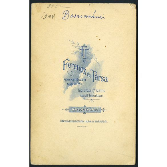Ferencz és Társa műterem Kolozsvár, Erdély,  elegáns nő portréja, gyönyörű ruha, monarchia, helytörténet, 1908., 1900-as évek, Eredeti kabinetfotó.   