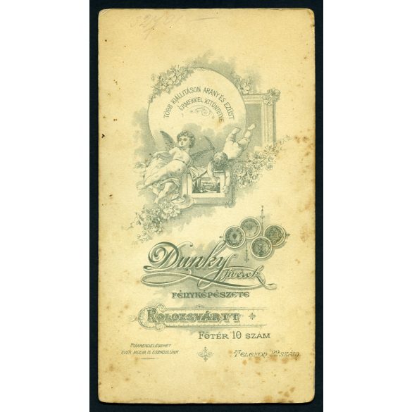 Nagyobb méret, Dunky Fivérek műterme, Kolozsvár, Erdély,  elegáns házaspár portréja, gyönyörű ruha, ékszer, bajusz,  monarchia, helytörténet, 1890-es évek, Eredeti kabinetfotó.   