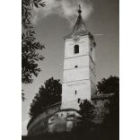 A csíkkarcfalvi Nagyboldogasszony vártemplom tornya, Erdély, Karcfalva, Hargita megye, Horthy-korszak, egyház, vallás, helytörténet, 1940-es évek, Eredeti fotó, papírkép.   