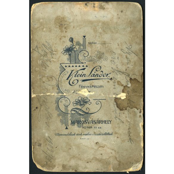 Klein Sándor műterme, Marosvásárhely, , Erdély, kalapos fiatal férfi portréja, monarchia, 1900-as évek, Eredeti ritka kabinetfotó rossz állapotban, közepe törött, eleje-hátulja kopott.  