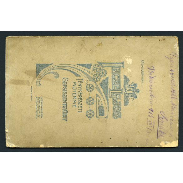 Incze Lajos műterme, Sepsiszentgyörgy, Erdély, elegáns nő portréja, monarchia, 1900-as évek, Eredeti kabinetfotó rossz állapotban, eleje-hátulja, sarkai kopottak. 