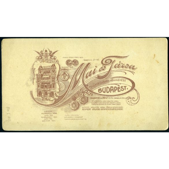 Nagyobb méret, Mai és Társa műterem, Budapest, elegáns lány könyvvel, monarchia, 1900-as évek, Eredeti ritka kabinetfotó, hátulján a Mai Manó ház rajza. 