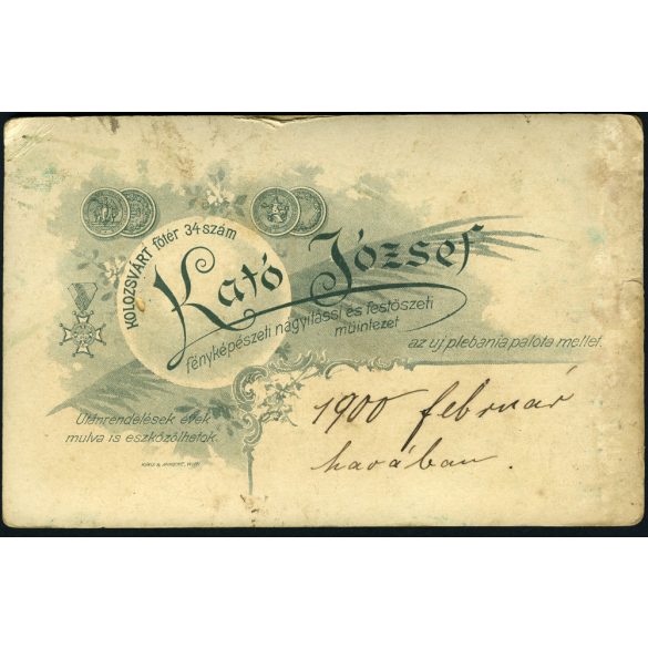 Kató műterem, Kolozsvár, Erdély,  elegáns úr lányaival, ikrek (?), cilinder, polgár, monarchia, 1900-as évek, Eredeti kabinetfotó, felülete foltos, sérült. 