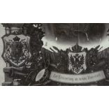 Zentner műterem, Bjelina (Brcka), Bosznia, magyar katona, tüzér portréja különös installációban, egyenruha, 1. világháború, Ferenc József, magyar címer, monarchia, 1910-es évek, Eredeti ritka kabinetf