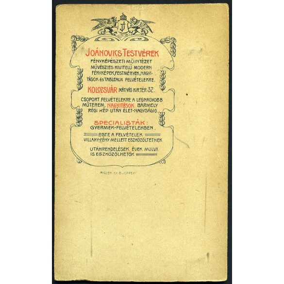 Joánovics Testvérek műterme, Kolozsvár, Erdély, elegáns férfi portréja, bajusz, monarchia,  1890-es évek, Eredeti CDV, vizitkártya fotó.   