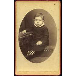   Botár J. fényképész és festész, Torda, Erdély, gyerek (kisfiú) csíkos zokniban, monarchia,  1890-es évek, Eredeti CDV, vizitkártya fotó.   