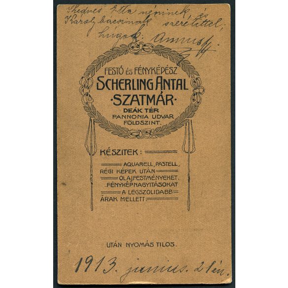 Scherling Antal műterme, Szatmár, Erdély,  elegáns fiatal nő portréja, gyönyörű ruha, monarchia, 1913, 1910-es évek, Eredeti CDV, hátulján feliratozott vizitkártya fotó.   