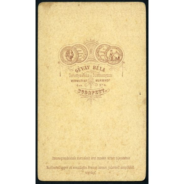 Gévay Béla műterme, Budapest, elegáns szakállas férfi portréja, helytörténet, monarchia, 1870-es évek, Eredeti CDV, vizitkártya fotó.   