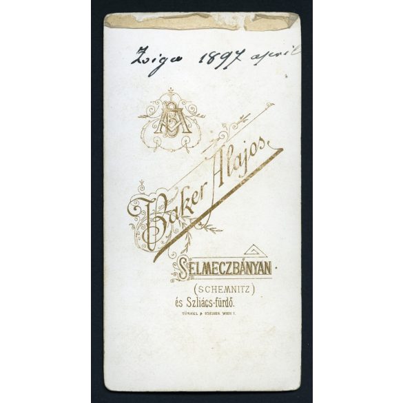 Baker Alajos műterme, Selmecbánya, Felvidék, elegáns úr nyakkendőben, bajusz, portré, monarchia, 1897., 1890-es évek, Eredeti kabinetfotó. 