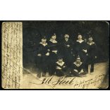 Magyar, K.u.K. tengerészek egyenruhában, Pola, haditengerészet, katona, bajusz, 1904., 1900-as évek, Eredeti képeslap fotó Nagyszebenbe (Erdély) címezve, német nyelven írva, papírkép gyűrődéssel. 