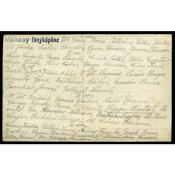 Maksay fényképész, Mezőtúr, osztálykép Sipos Antal tanító úrral, iskola, Horthy-korszak, helytörténet, Jász-Nagykun-Szolnok megye, 1932, 1930-as évek, Eredeti fotó, papírkép, a hátulján a szereplők ne