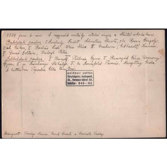 Nagyobb méret, utolsó nap a Chatel(?) iskolában a nyári szünet előtt, a háttérben Topscher Ella tanítónő, Horthy-korszak, iskola, oktatás, iskolapad, helytörténet, 1934. június 6.,