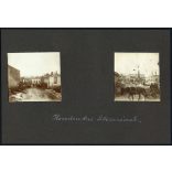 Magyar katonák Horodenkában, egyenruha, romos házak, utcarészletek, 1. világháború, Horodenka, Ukrajna, 1910-es évek, Két darab eredeti, kartonra ragasztott fotó, papírkép. 