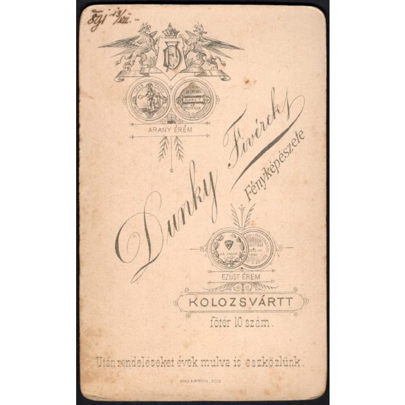 Dunky fivérek műterme, Kolozsvár, Erdély, elegáns hölgy úr portréja, monarchia, 1890, 1890-es évek, Eredeti CDV, vizitkártya fotó.   