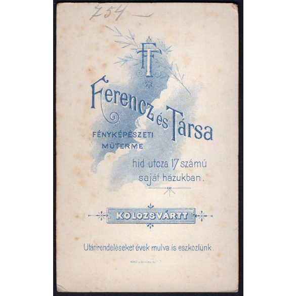 Ferencz és Társa műterem, Kolozsvár, Erdély, elegáns bajuszos úr szemüvegben, nyakkendővel, portré, monarchia, 1890, 1890-es évek, Eredeti CDV, vizitkártya fotó.   