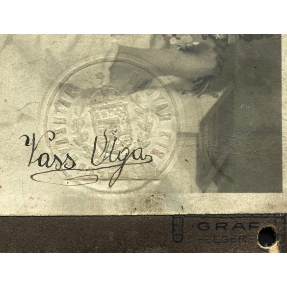 Graf műterem, Eger,  Vass Olga Magyar Királyi Államvasutak igazolványa, elegáns lány gyönyörű hajjal, valószínűleg vajki Vass János későbbi vallásügyi miniszter testvére, monarchia, 1890, 1890-es évek