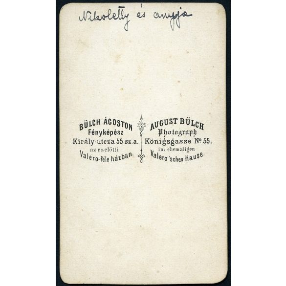 Bülch Ágoston műterme, Pest,  „Nikoletty és anyja”, elegáns nő fiával, előkelő ruhák, 1860-as évek, Eredeti, feliratozott CDV, vizitkártya fotó. 