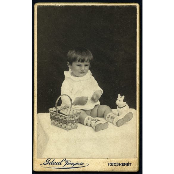 „Ideal” fényirda, Kecskemét,  kisgyerek portréja, játék, kosár, cica. macska, monarchia, 1890, 1890-es évek, Eredeti CDV, vizitkártya fotó gyönyörű hátlappal.  