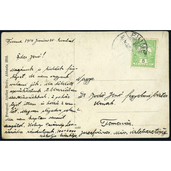 „Atelier Betty, Fiume-Abbazia, utazás tengerjáró gőzhajón, csodálatos kalapok, jármű, közlekedés, Monarchia, 1914, 1910-es évek, Eredeti fotóképeslap fotó, papírkép, Fiuméből Temesvárra küldve. 
