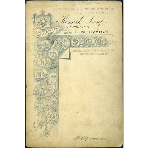 Kossak műterem, Temesvár, Erdély, fiatal pár portréja,  bajusz, cvikker, virág, monarchia, 1890-es évek, Eredeti kabinetfotó.  