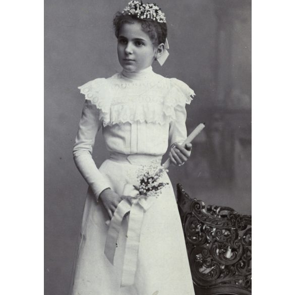 Kossak műterem, Temesvár, Erdély, elsőáldozó lány portréja, ünnep, egyház, monarchia, 1890-es évek, Eredeti kabinetfotó. 