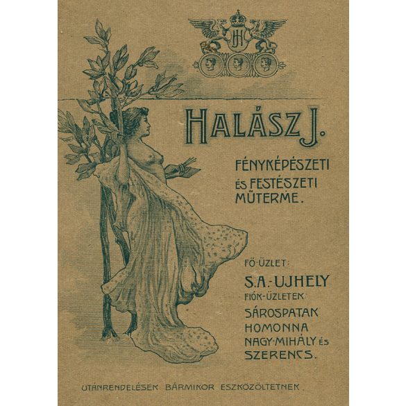 Nagyobb méret, Halász műterem, Sátoraljaújhely, esküvő, menyasszony, vőlegény, bajusz, virág, monarchia, 1900-as évek, Eredeti kabinetfotó gyönyörű szecessziós hátlappal, felül törésnyom. 