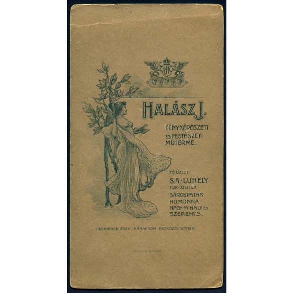 Nagyobb méret, Halász műterem, Sátoraljaújhely, esküvő, menyasszony, vőlegény, bajusz, virág, monarchia, 1900-as évek, Eredeti kabinetfotó gyönyörű szecessziós hátlappal, felül törésnyom. 