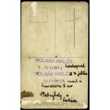 Schaffer Ármin fényképész, Budapest, bevonuló magyar katonák fegyverrel, hegedűvel, Molnár Miklós hadapród Pestújhelyről, 1. világháború, 1915, 1910-es évek, Eredeti fotó, hátulján feliratozott papírkép.   