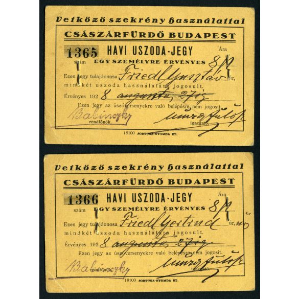 Friedl Gertrúd és Friedl Gusztáv havi uszodajegye a Császár Fürdőbe, Budapest, két darab sorszámozott fényképes igazolvány, fürdőruha, Horthy-korszak,  1928, 1920-as évek. Két darab eredeti fotó, papírkép két darab igazolványhoz csatolva.  