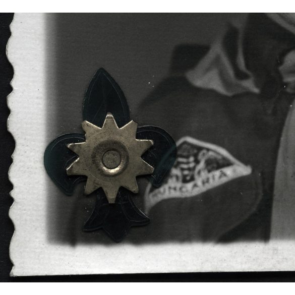 Végh Lajos műterme, cserkész fiú, Szabó János Tibor igazolványképe, Debrecen, egyenruha, Horthy-korszak, 1931, 1930-as évek, Eredeti hátulján feliratozott, pecséttel jelzett fotó, papírkép.   