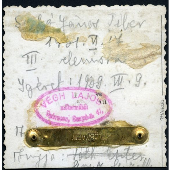 Végh Lajos műterme, cserkész fiú, Szabó János Tibor igazolványképe, Debrecen, egyenruha, Horthy-korszak, 1931, 1930-as évek, Eredeti hátulján feliratozott, pecséttel jelzett fotó, papírkép.   