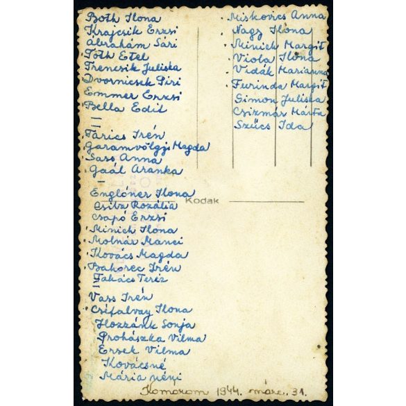 Névery fotó, gimnáziumi lányosztály, Komárom, a fotó hátoldalán a tanulók nevei, iskola, Horthy-korszak, helytörténet, 1944, 1940-es évek, Eredeti fotó, feliratozott, bélyegzett papírkép.  