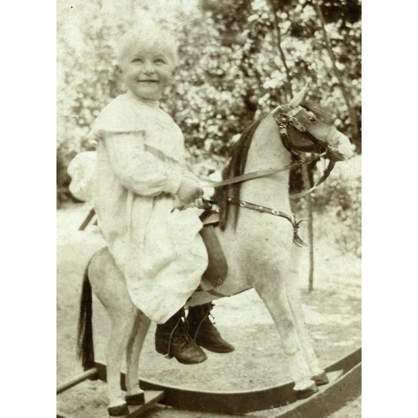 Brenndörfer János hintalovon, régi erdélyi, brassói család, gyerek, játék, monarchia, 1906, 1900-as évek, Eredeti kabinetfotó.