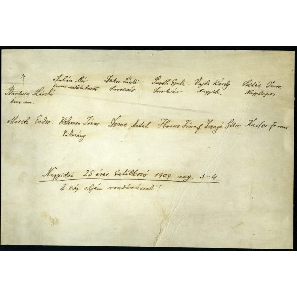 Nagy méret, Kemény műterem, Kassa, Felvidék, „Nagyidai 25 éves találkozó”, elegáns, a hátoldalon nevesített férfiak csoportja, rendőr, bajusz, monarchia, 1909, 1900-as évek, Eredeti mélynyomóval jelzett kabinetfotó. 