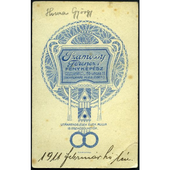 Szamossy műterem, Kassa, Felvidék, Hossza György katonatiszt, egyenruha, elegáns bajuszos úr portréja, monarchia, 1910-es évek, Eredeti CDV, hátulján feliratozott vizitkártya fotó.  