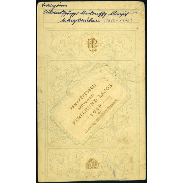 Perlgrund Lajos műterme, Eger, Csíkszentgyörgyi Mártonffy Margit portréja, elegáns né kalapban, ernyővel, monarchia, 1890-es évek, Eredeti kabinetfotó, hátulja feliratozott, alja vágott. 
