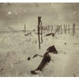 3 darab kartonra ragasztott fotó, földbe szúrt puskával jelzett meggémberedett hullák, temetés a téli frontvonalon, Oroszország, magyar katonák egyenruhában, 1. világháború, monarchia, 1910-es évek, Eredeti fotó, papírkép.  