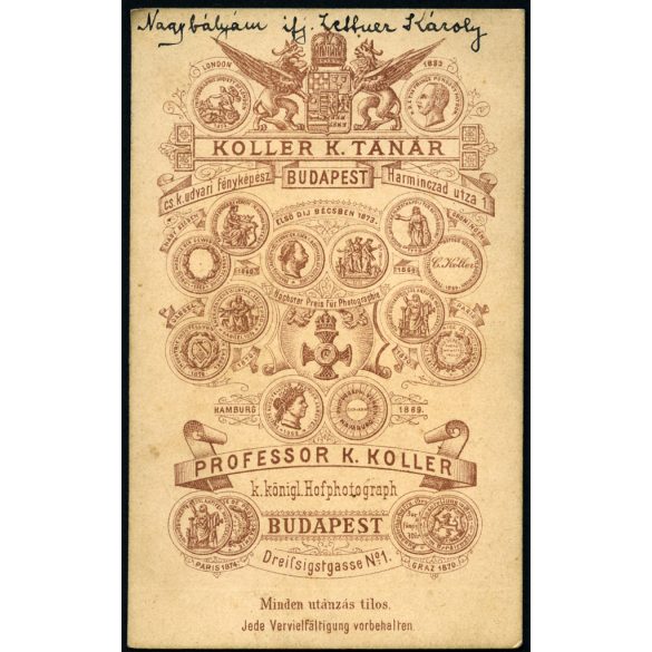 Prof. Koller Károly műterme, Budapest, elegáns szakállas úr portréja, Zettner (?) Károly, monarchia, 1880-as évek, Eredeti CDV, hátulján feliratozott vizitkártya fotó.   