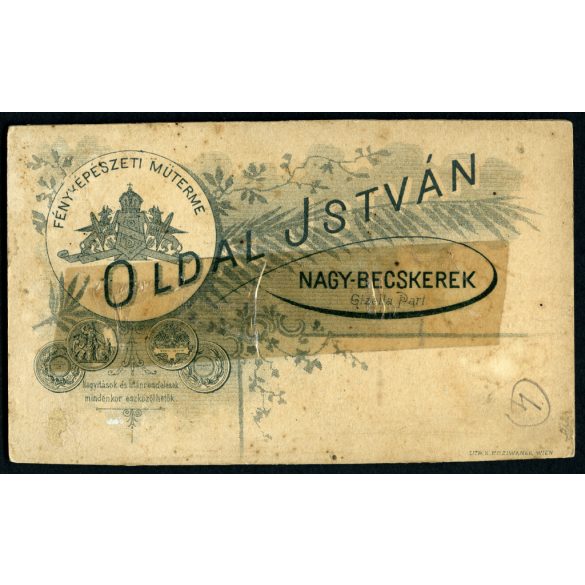 Oldal István műterme, Nagybecskerek, Vajdaság, elegáns fiatal férfi portréja, bajusz, monarchia, 1890-es évek, Eredeti CDV, hátulján ragasztott vizitkártya fotó. 